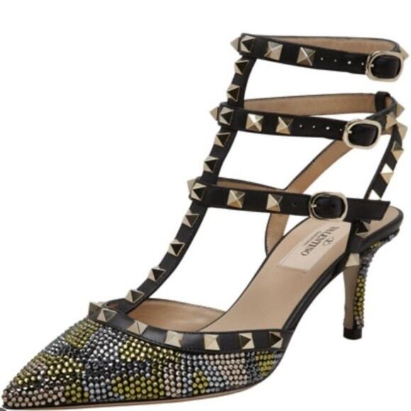 Valentino Rockstud Crystal Camo Kitten Heels Slingback Pump - Picture 1 of 13